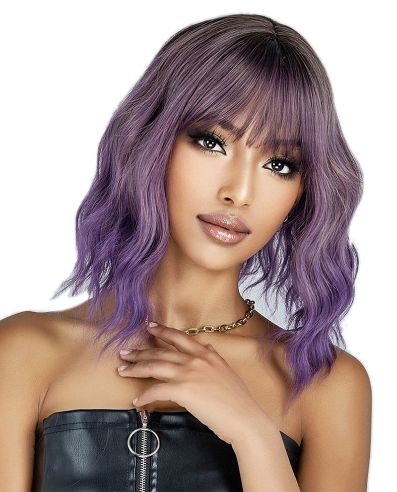 Short Wavy Wig with Ombre Purple Bangs