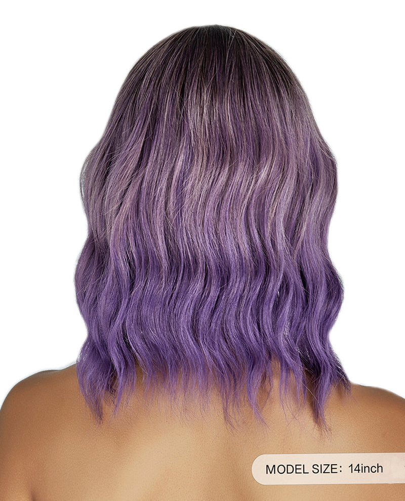 Short Wavy Wig with Ombre Purple Bangs