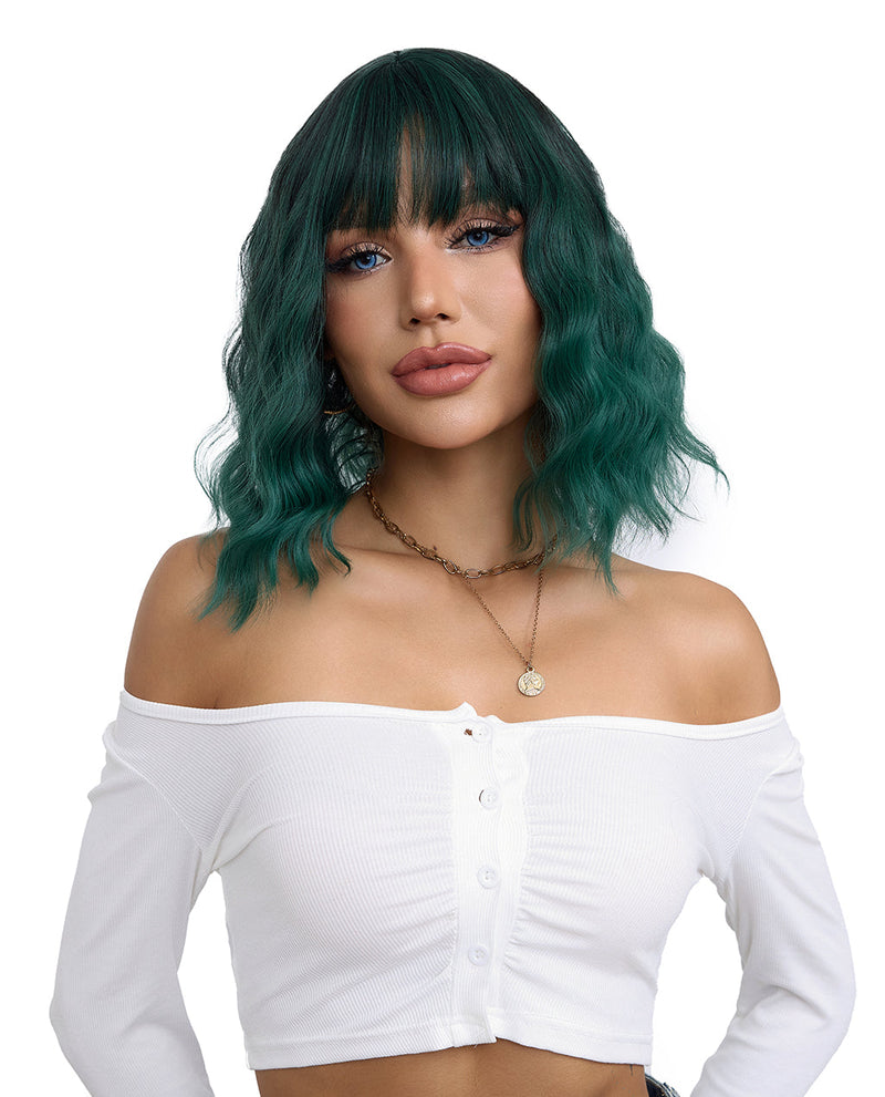 Short Wavy Synthetic Wig with Ombre Green Bangs for a Trendy Look