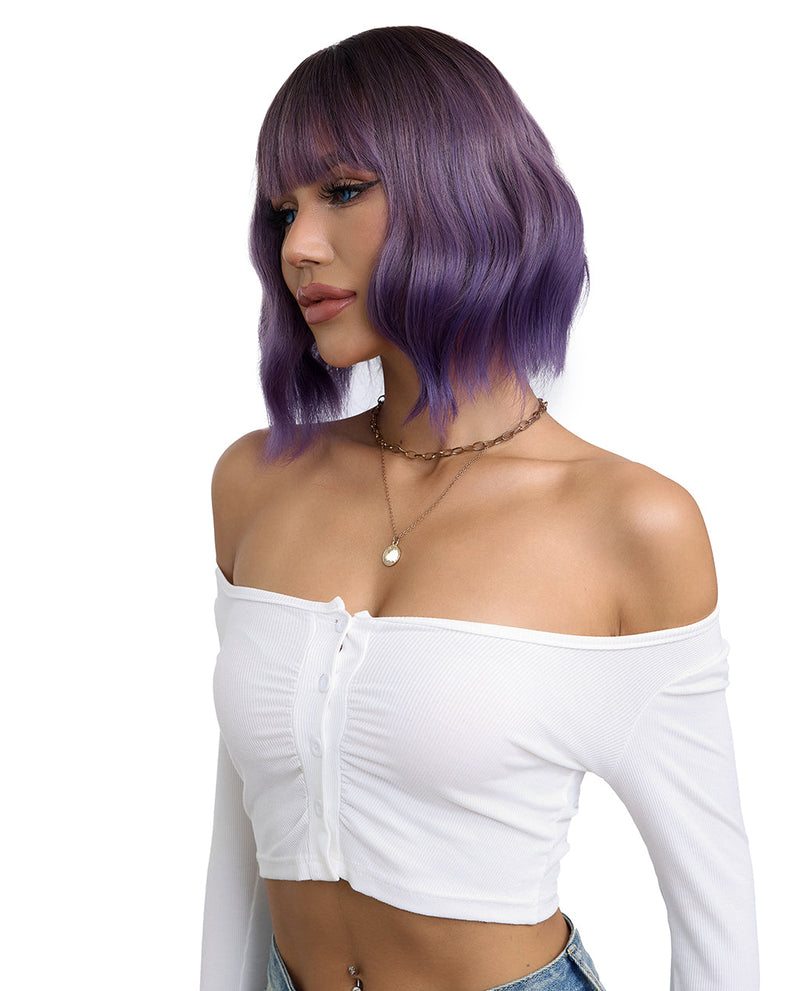 Short Wavy Wig with Ombre Purple Bangs