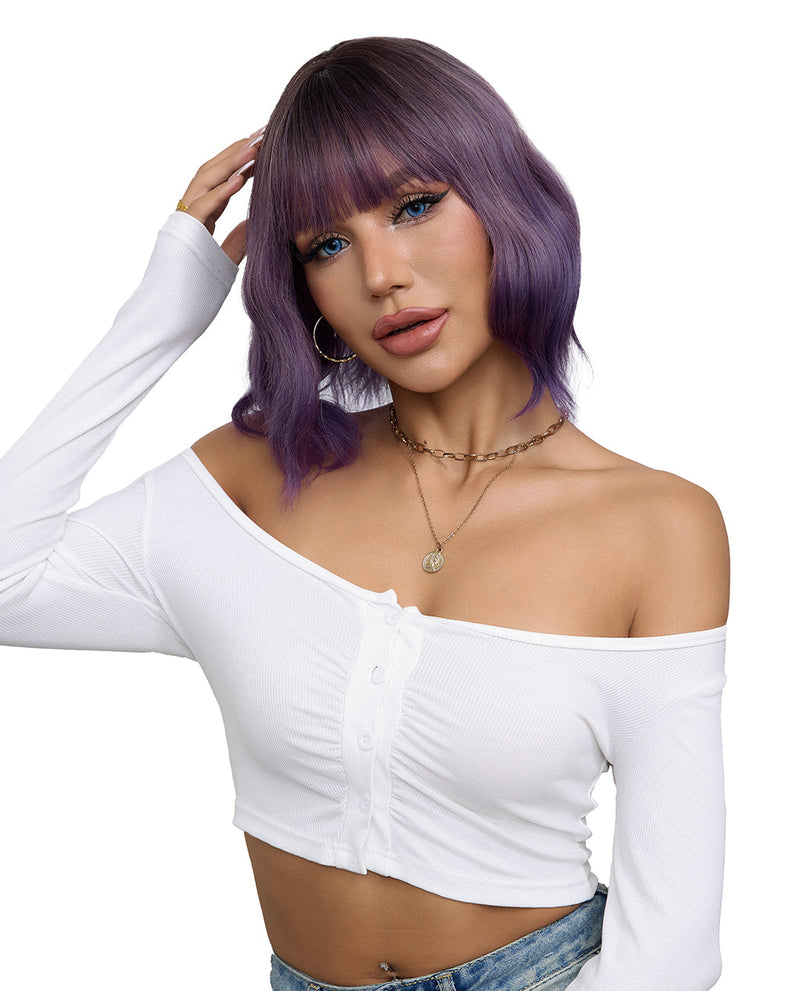 Short Wavy Wig with Ombre Purple Bangs