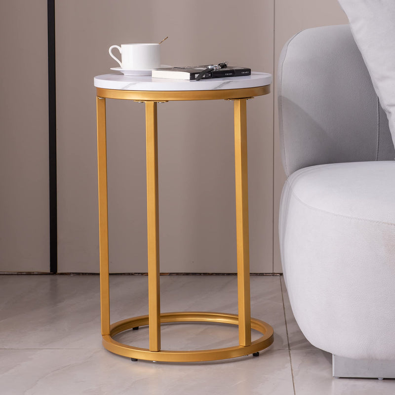 Modern C-Shaped end/Side Table,Golden Metal Frame with Round Marble Color top-15.75” Sofa End Table for Living Room Home Office