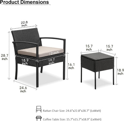 3 Pieces Patio Furniture Set Wicker Chairs Conversation Set (Black-Gray)