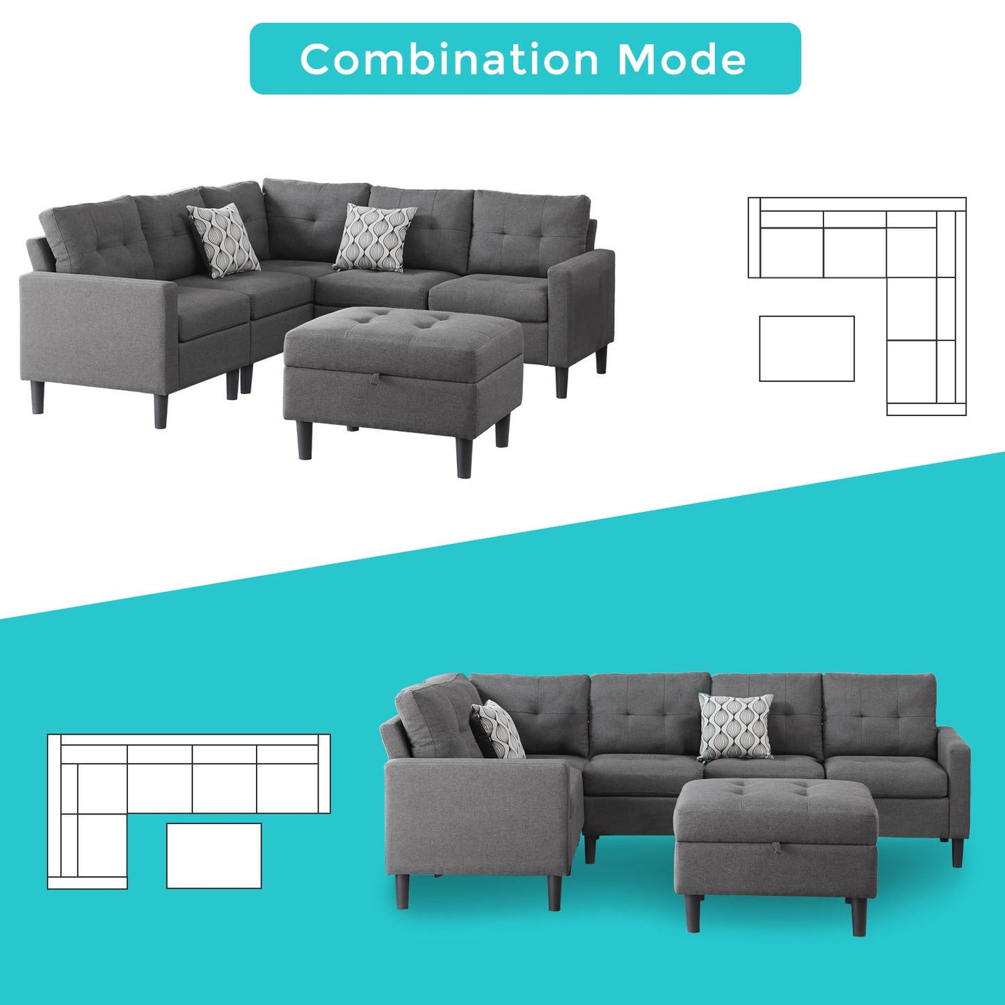 L-Shaped Reversible Corner Sectional with Storage Ottoman