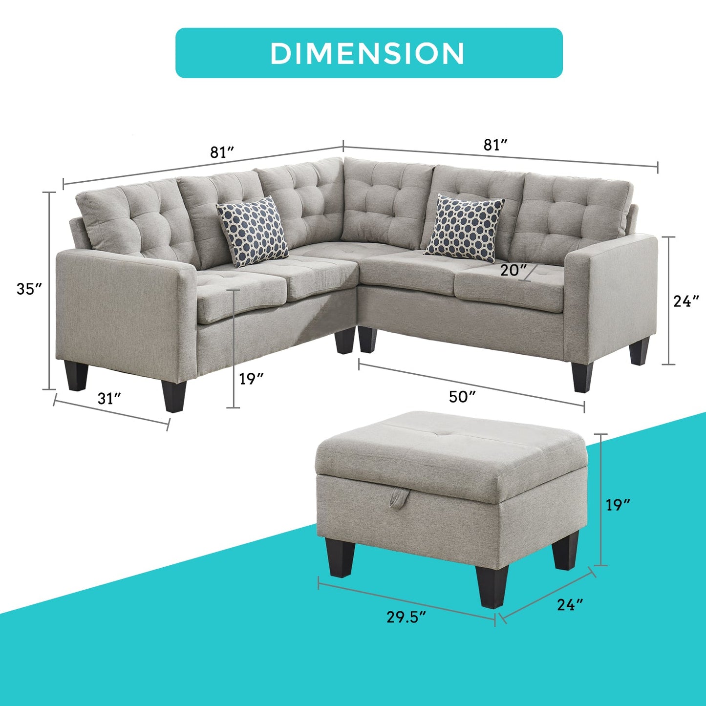 L-Shaped Microfiber 6-Seats Sectional Sofa Set with Storage Ottoman