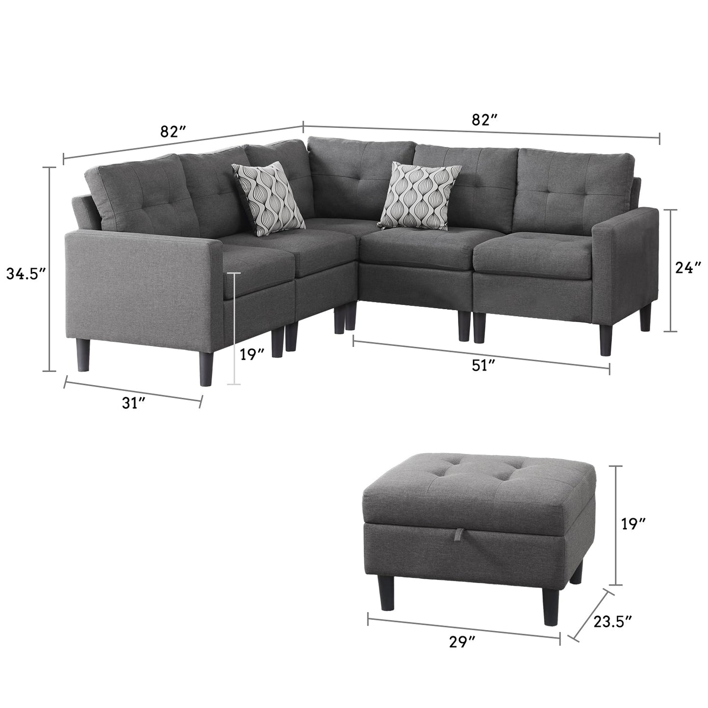 L-Shaped Reversible Corner Sectional with Storage Ottoman