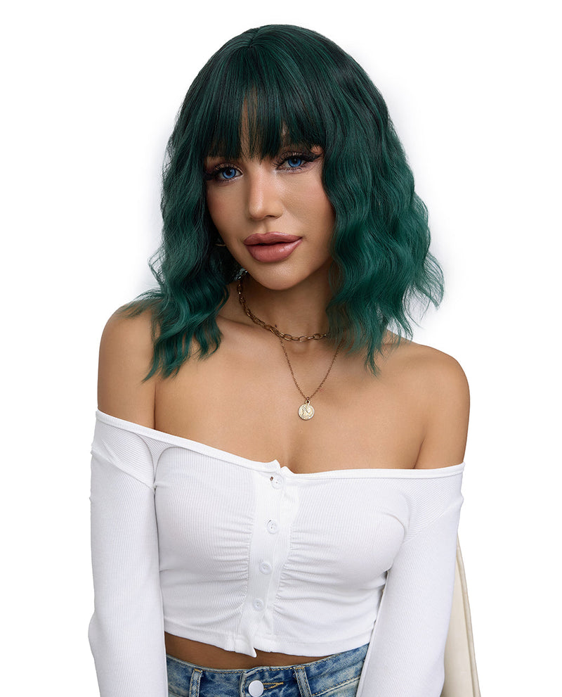 Short Wavy Synthetic Wig with Ombre Green Bangs for a Trendy Look