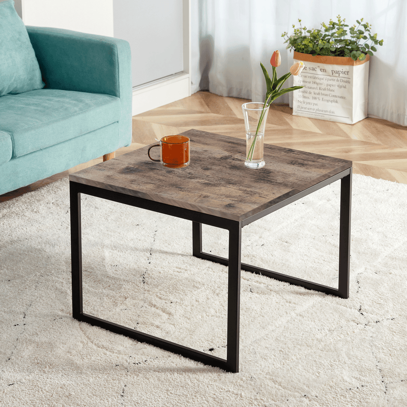 Square Industrial Cocktail Coffee Table, Small Dining Table Wood Tabletop with Metal Frame