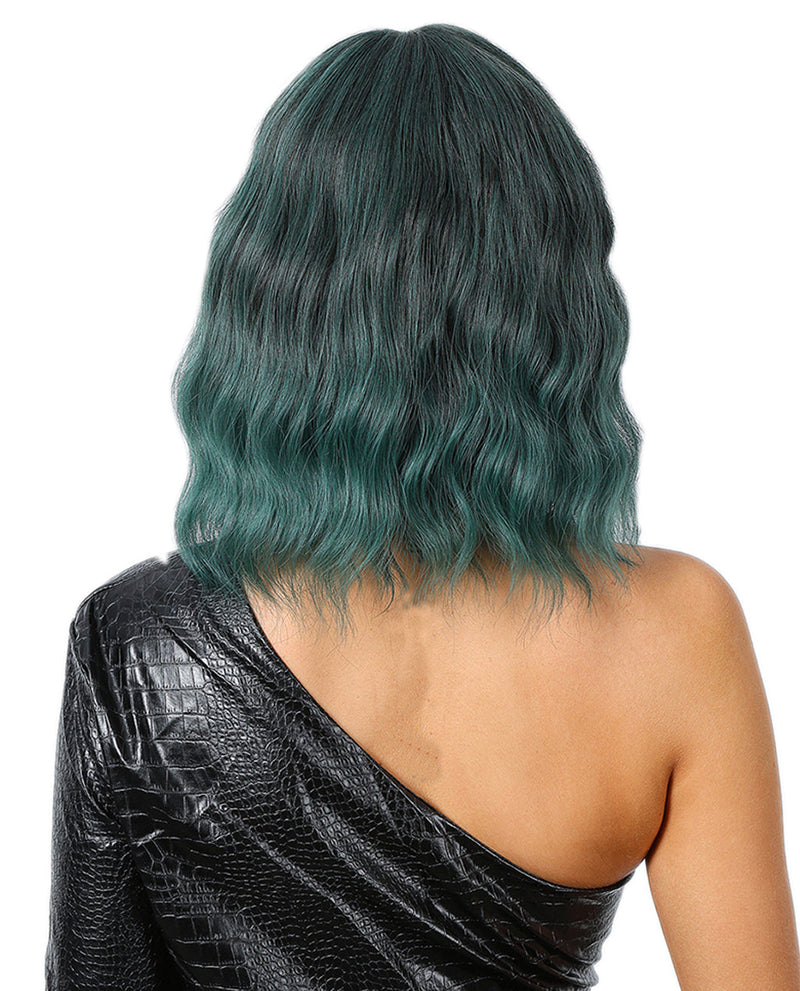 Short Wavy Synthetic Wig with Ombre Green Bangs for a Trendy Look