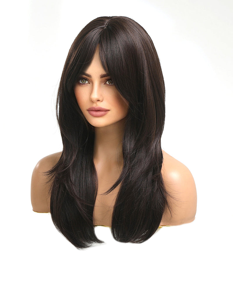 Sleek Long Straight Brown Cosplay Wig with Bangs