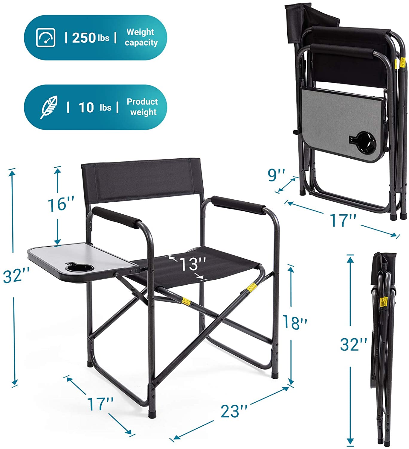 Folding Directors Chair with Collapsible Side Table, Supports 250lbs