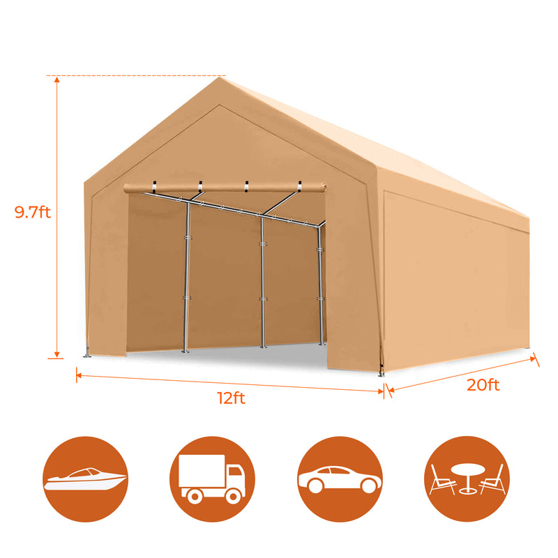 12x20 Feet Outdoor Heavy Duty Carport with Removable Sidewalls with 8 Legs