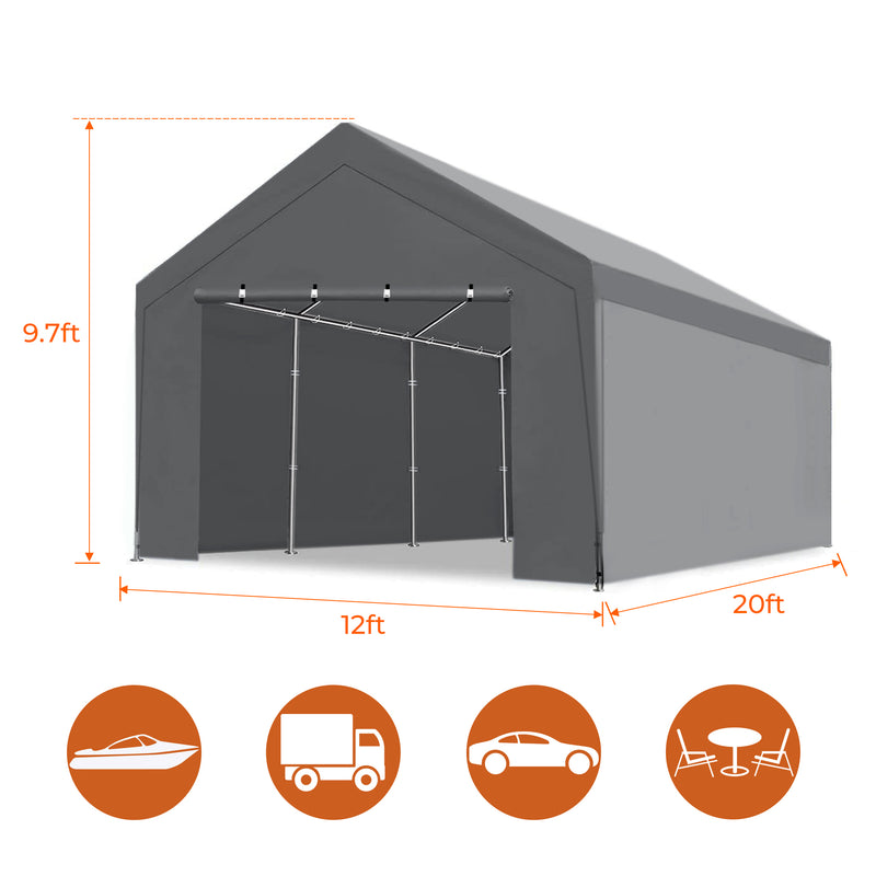 12x20 Feet Outdoor Heavy Duty Carport with Removable Sidewalls with 8 Legs